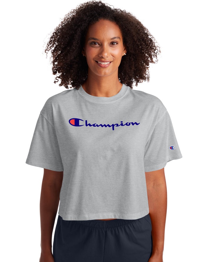 Champion Cropped Script Logo - Naisten Harmaat T-Paita - Suomi 0142753-GX